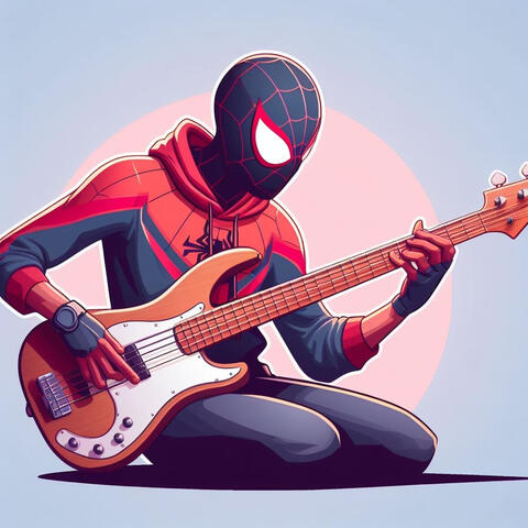 Nesta arte criada com inteligência artificial e finalizada com minha edição pessoal, unifico duas paixões que fazem parte da minha essência: o universo do Homem-Aranha Miles Morales e a música, representada aqui pelo contrabaixo — instrumento que carrego n