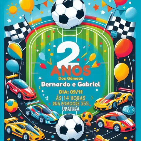 Uma arte 100% autoral criada com muito carinho para celebrar o segundo aniversário dos meus filhos gêmeos — cada um com um universo único de encanto. Um ama tudo que envolve bola, futebol e movimento, o outro se encanta com carrinhos, rodas e motores. Nest