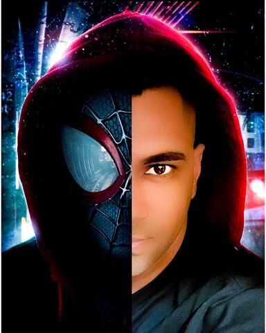 Uma fusão simbólica entre o mundo real e o universo fictício. Nessa arte, metade do meu rosto se conecta com o de Miles Morales, revelando a alma do criador por trás da máscara. Representa a luta diária, o chamado interior e a missão de usar a arte como fe