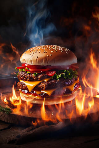 Essa arte foi gerada com inteligência artificial e recebeu minha edição pessoal, com ajustes de cor, luz e efeitos para alcançar o visual exato que imaginei: um hambúrguer tão quente e suculento que parece ter acabado de sair da grelha – literalmente em ch